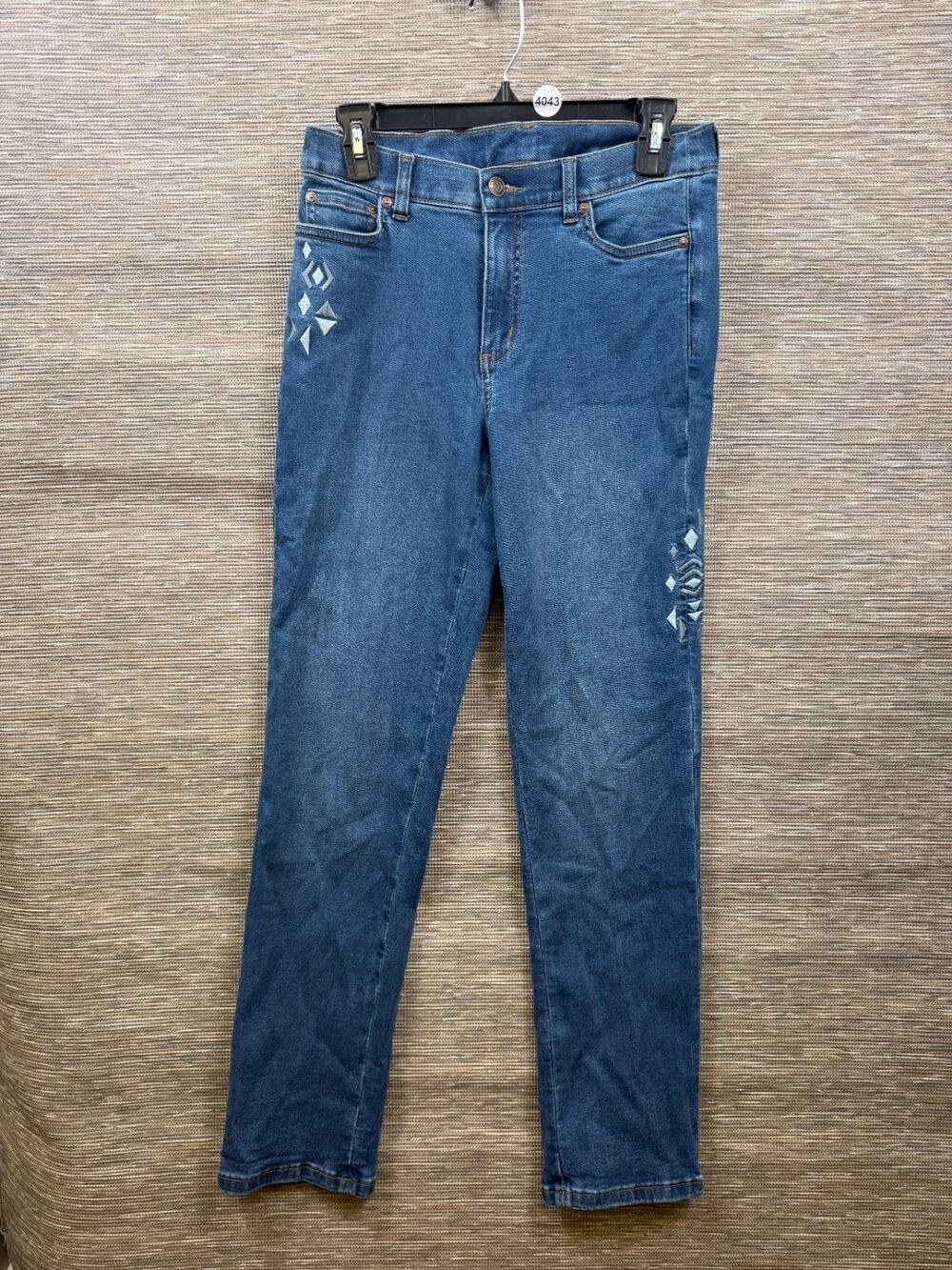 Denim & Co. Canyon Retreat Easy Stretch Straight Leg Geo Jeans Women Size 6 Blue